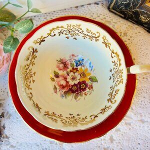 Vintage Red Aysnley Teacup and Saucer with Gold Inlay and Floral Centerpiece